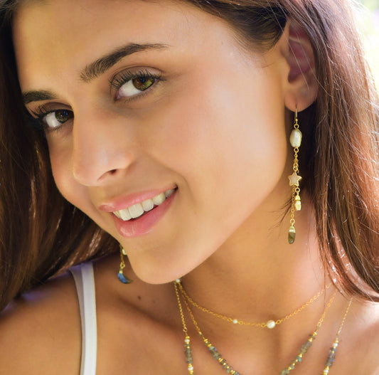 Close-up of a woman wearing gold celestial necklaces and earrings. The dangles feature moon and stars in labradorite and pearl.
