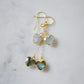 14k gold filled handmade earrings with heart-shaped gemstones on a light gray background. The stones are aquamarine and labradorite.