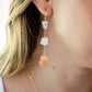 Modeled image of long clear crystal quartz and raw sunstone earring dangles.