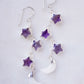Three natural purple amethyst gemstone stars dangle atop rainbow moonstone crescent moons in these earrings. Shown in sterling silver.