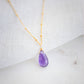 Dainty purple Amethyst teardrop crystal set onto the 14k gold filled droplet chain.