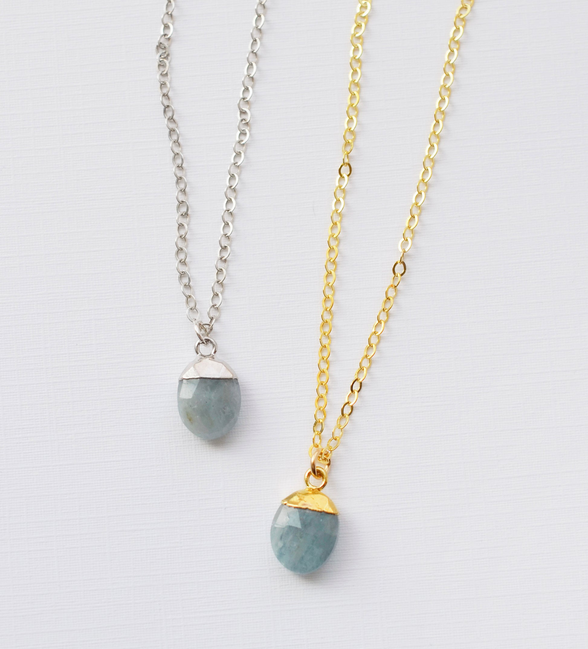 Two delicate aquamarine crystal necklaces with sterling silver or 14k gold filled minimalist chains.