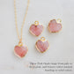 Showing the multiple colors that natural pink opal comes in. 
Handmade necklace with a natural pink opal heart-shaped pendant on a 14k gold filled chain. Handcrafted dainty gemstone jewelry by Gemnia.