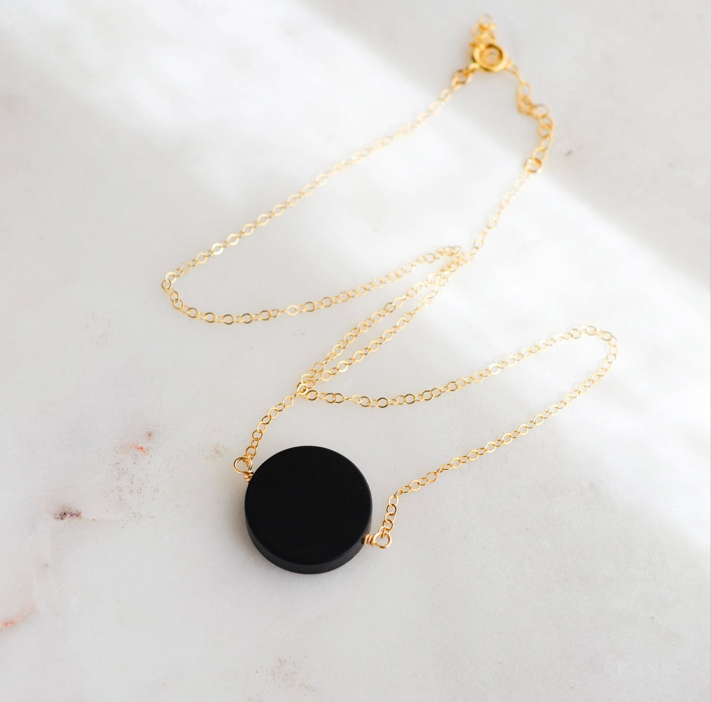 Matte Black Onyx Circle Pendant in Sterling Silver or 14k Gold Filled
