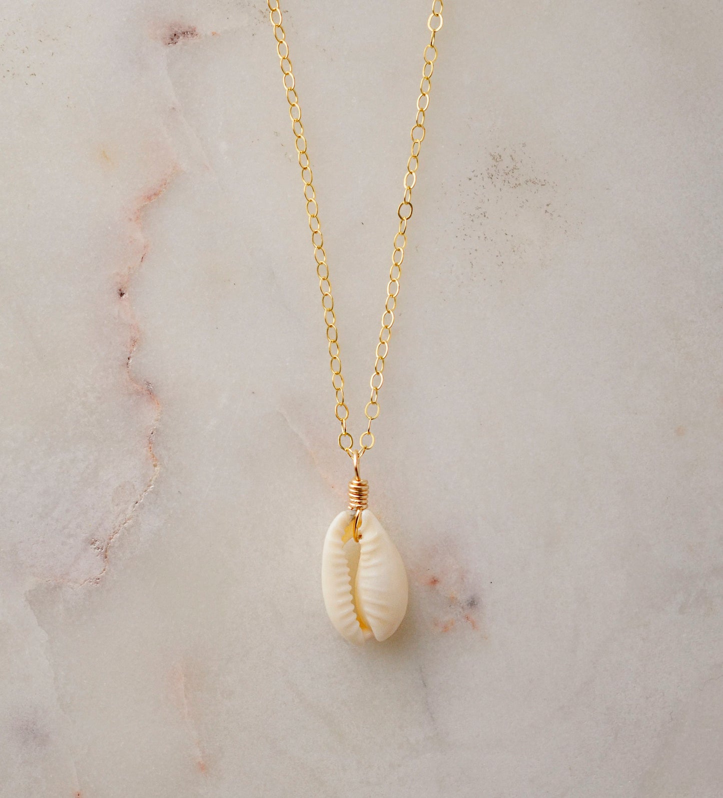 Single cowrie shell suspended from a 14k gold filled chain necklace.