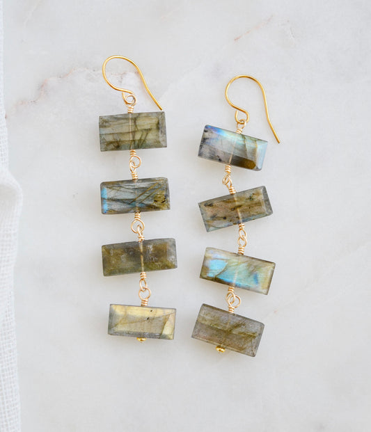 Four faceted emerald cut labradorite gemstones dangle in these 14k gold filled earrings. Each stone flashes blue or green.