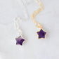 Small natural purple amethyst star pendants shown on sterling silver and 14k gold filled chains.