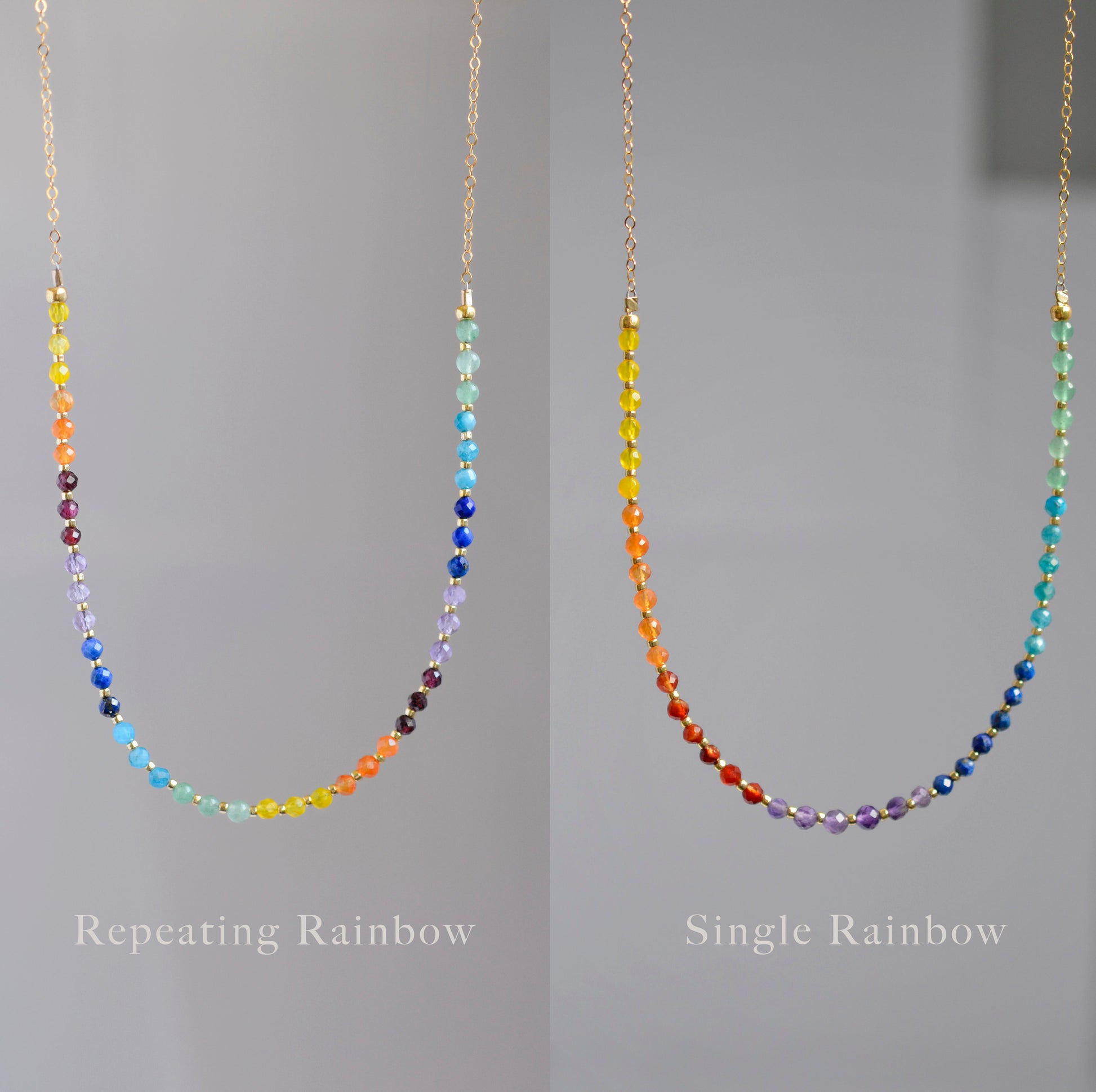 A beaded rainbow, chakra, or pride necklace handmade with natural crystal gemstones in sterling silver or 14k gold filled. All jewelry is handmade in Connecticut by Gemnia Jewelry.