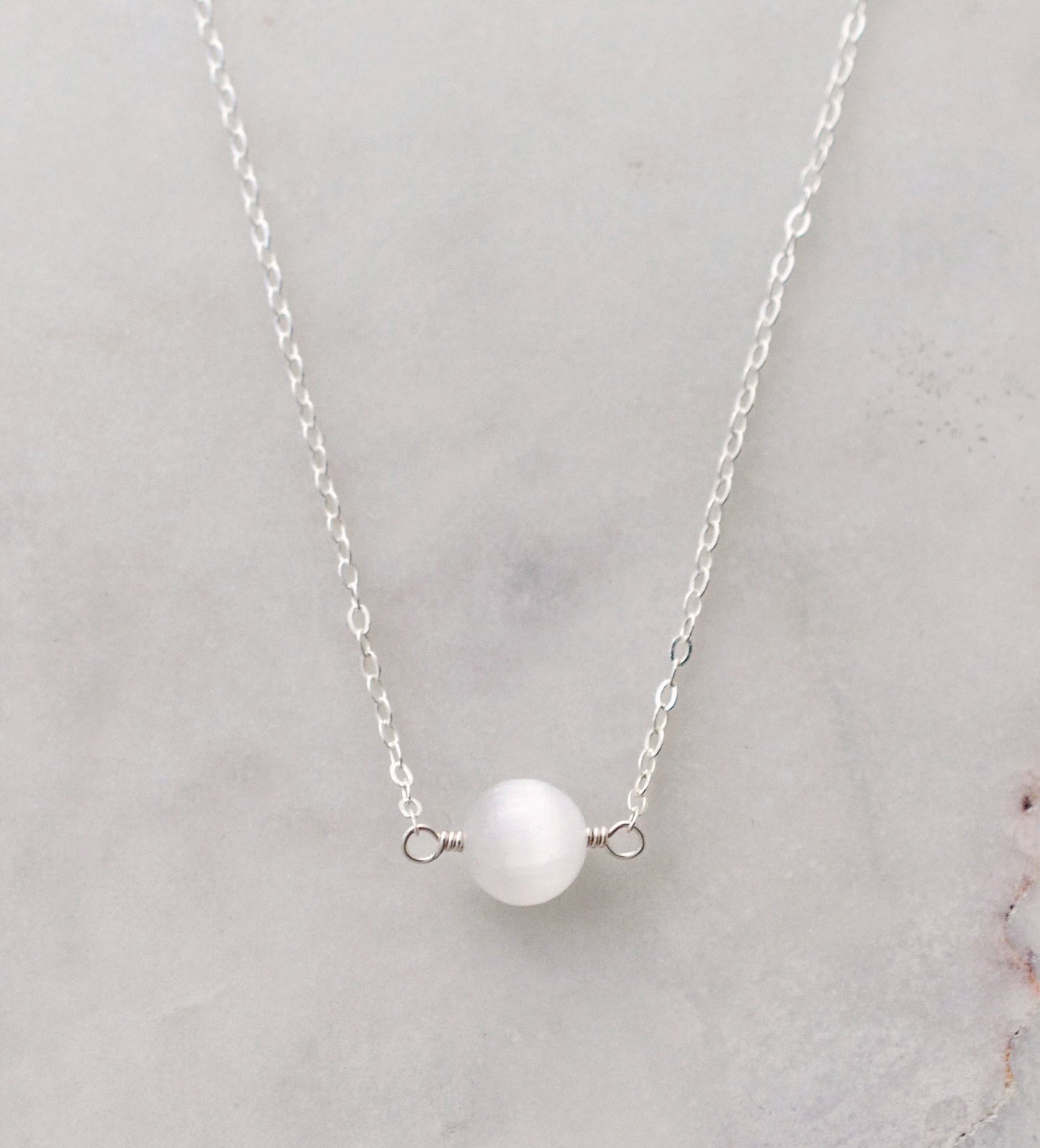 Natural Minimalist Selenite Round Necklace on Sterling Silver or Gold Filled Chain