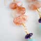 Three sunstone gemstone dangle atop amethyst and amazonite stones. The earring are shown in gold. 