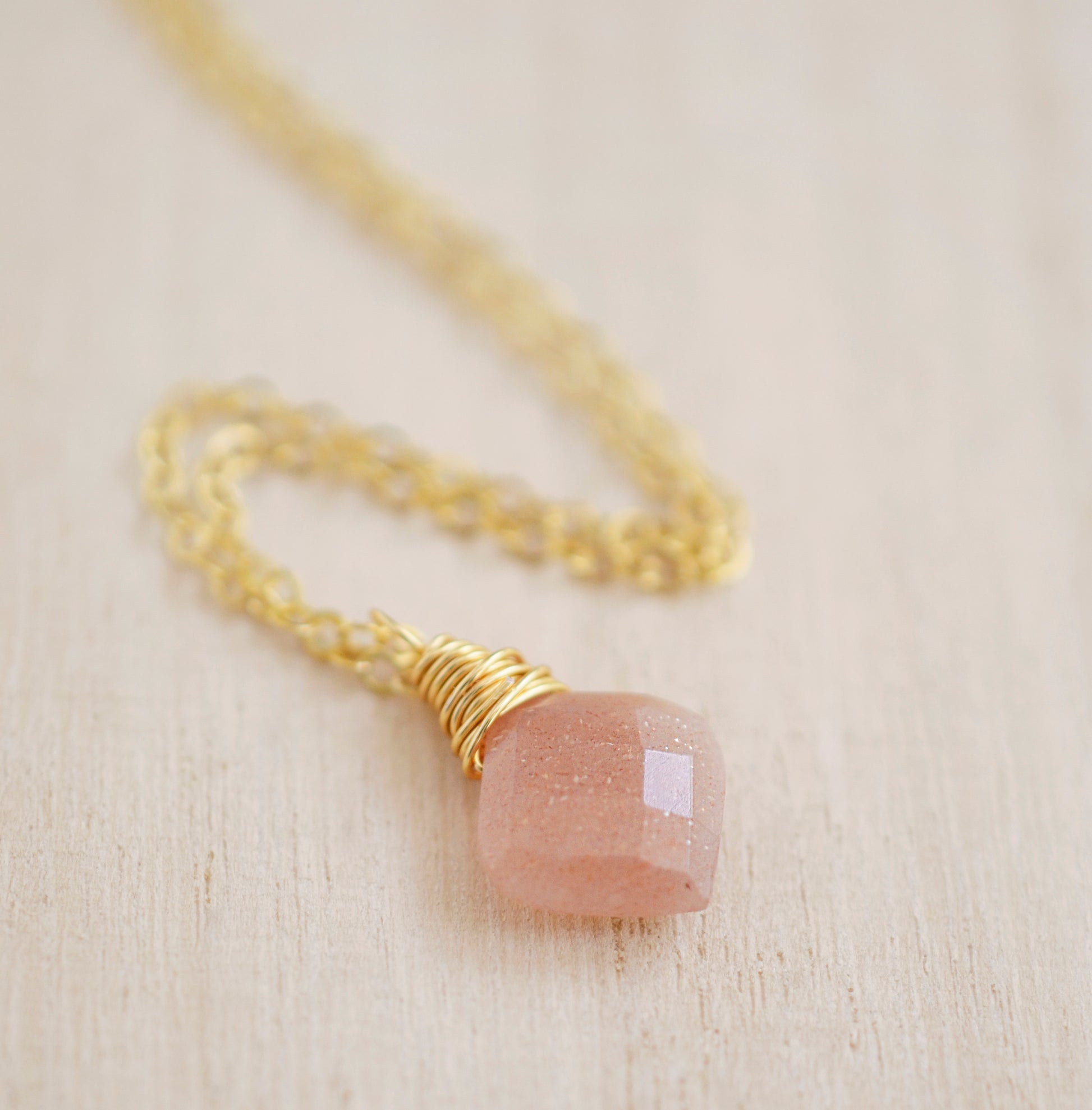 Peach Sunstone Necklace - 14k Gold Fill or Sterling Silver - Natural Sunstone - Wire Wrapped Gemstone Pendant - Peach Wedding Jewelry