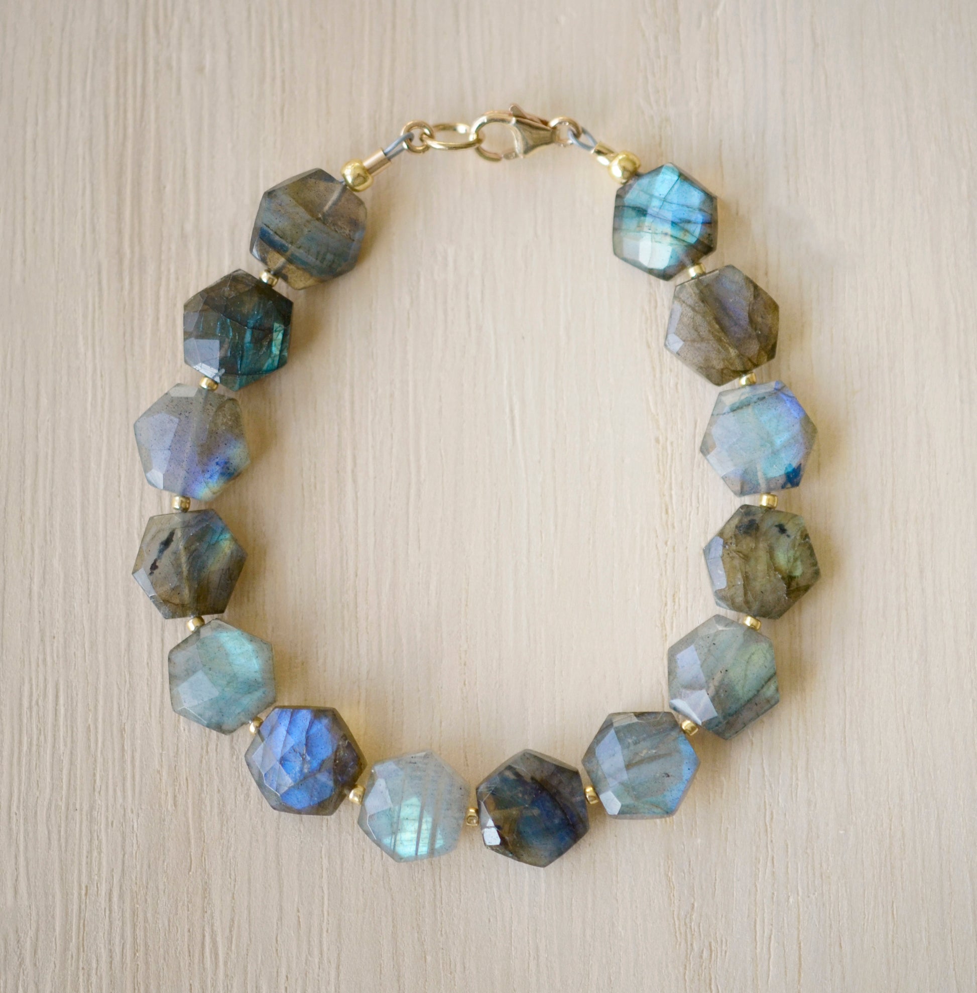 Labradorite Hexagonal Beaded Bracelet, Blue and Green Flash. Shown in 14k gold filled.
