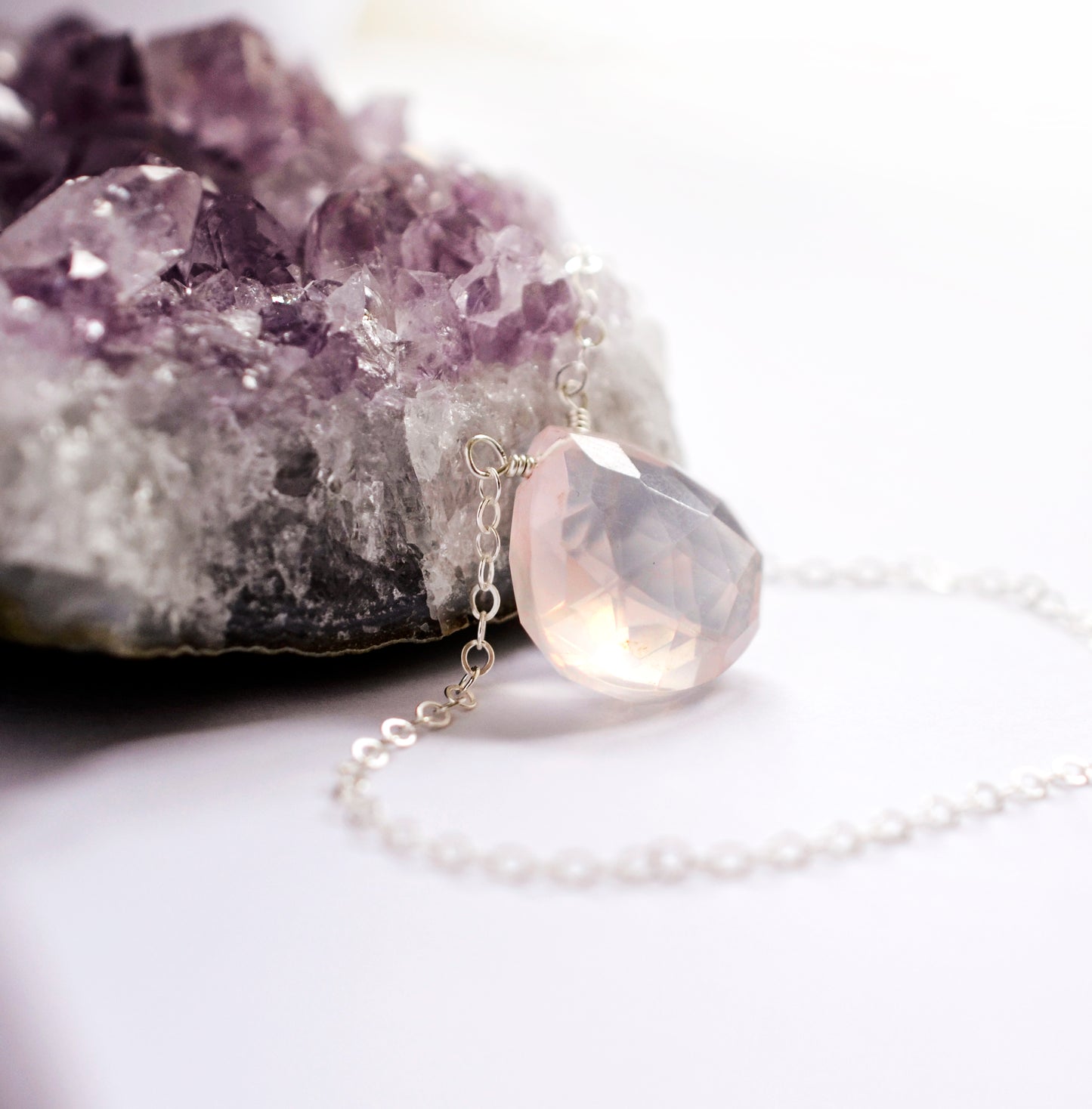 Handmade natural Rose Quartz pendant in 14k gold filled or sterling silver. Pink Rose Quartz Jewelry
