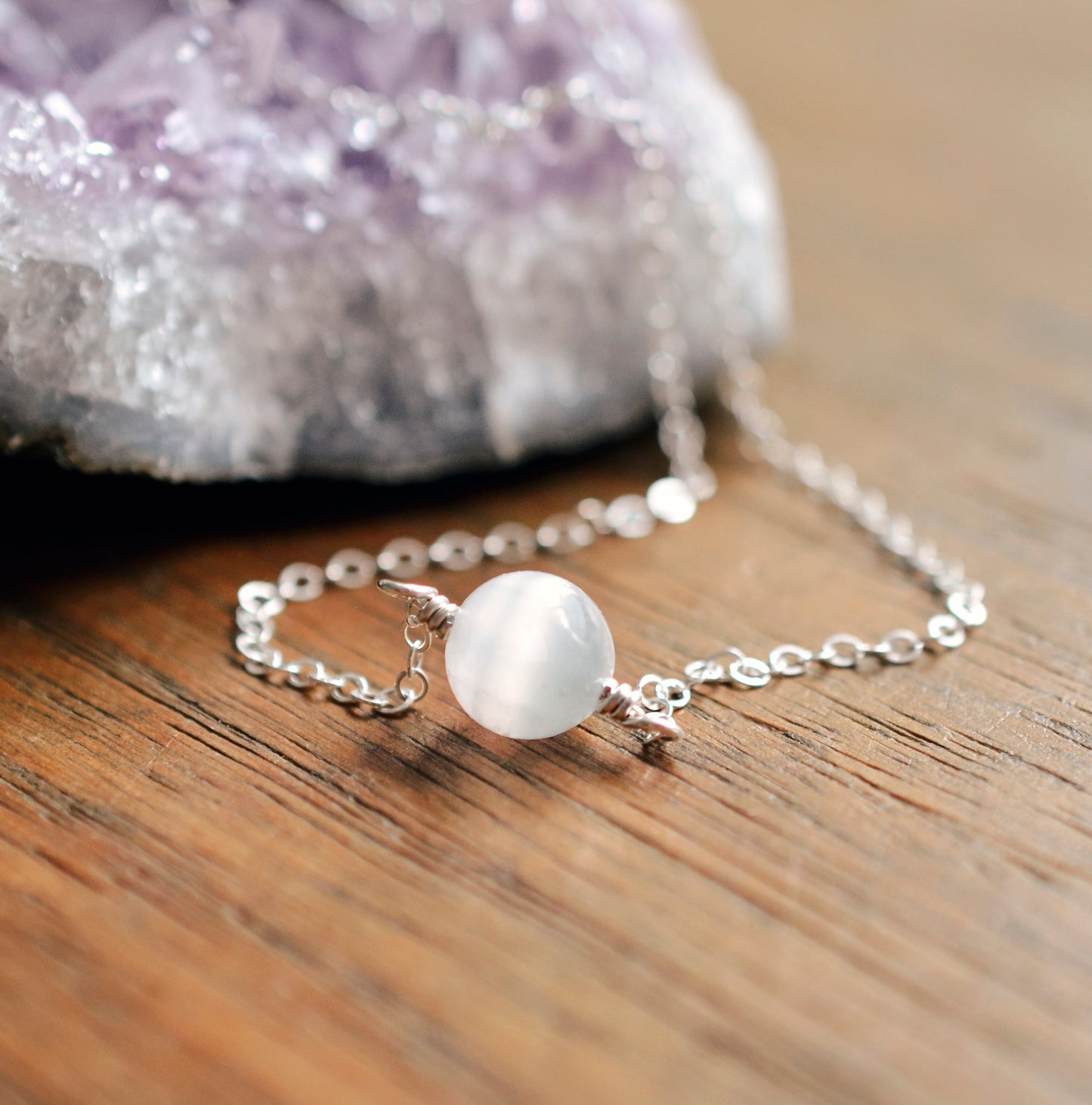 Natural Minimalist Selenite Round Necklace on Sterling Silver or Gold Filled Chain